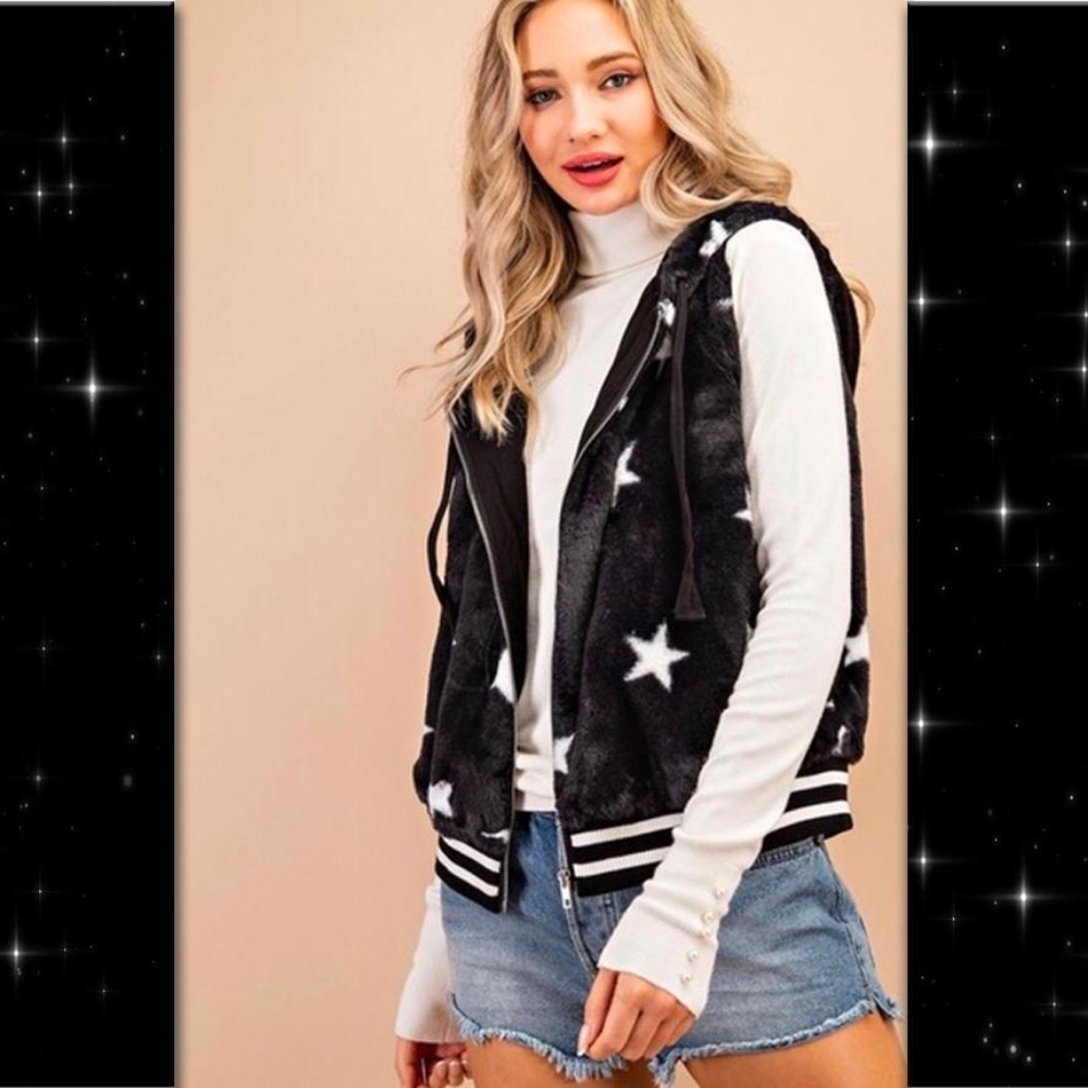 BLACK FAUX FUR STAR PRINT ZIP UP HOODED VEST - Picture 4 of 12